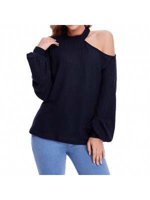 Womens Cold Shoulder Crew Neck Long Sleeve Shirt Blouse Ladies Casual Loose Tops