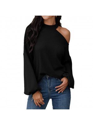 Womens Cold Shoulder Crew Neck Long Sleeve Shirt Blouse Ladies Casual Loose Tops