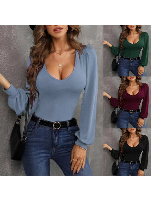 Women Sexy Crew Neck Pullover Tops Ladies Slim Fit Long Sleeve Blouse T Shirt UK