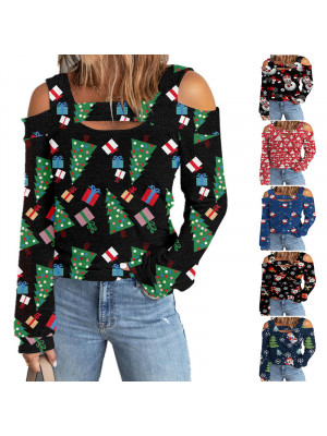 Christmas Womens Print T Shirt Lady Xmas Long Sleeve Blouse Cold Shoulder Tops