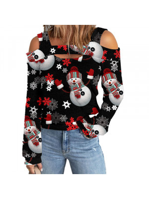 Christmas Womens Print T Shirt Lady Xmas Long Sleeve Blouse Cold Shoulder Tops