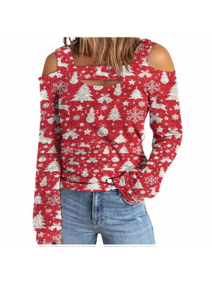 Christmas Womens Print T Shirt Lady Xmas Long Sleeve Blouse Cold Shoulder Tops