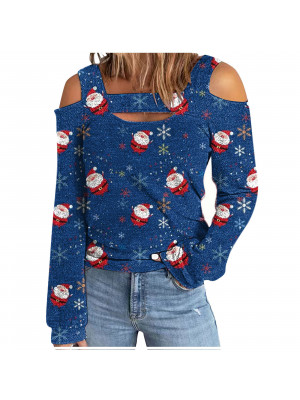 Christmas Womens Print T Shirt Lady Xmas Long Sleeve Blouse Cold Shoulder Tops