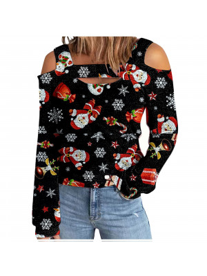 Christmas Womens Print T Shirt Lady Xmas Long Sleeve Blouse Cold Shoulder Tops