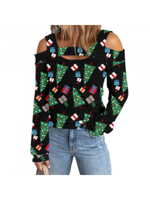 Christmas Womens Print T Shirt Lady Xmas Long Sleeve Blouse Cold Shoulder Tops