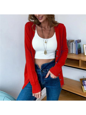 Womens V Neck Cardigan Ladies Knit Button Long Sleeves Knitted Sweater Coat Tops