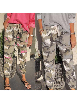 Womens Camouflage Elastic Waist Long Pants Ladies Casual Loose Pocket Trousers