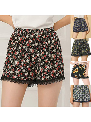 Womens Floral Lace Elastic Waist Hot Pants Lady Summer Casual Loose Beach Shorts