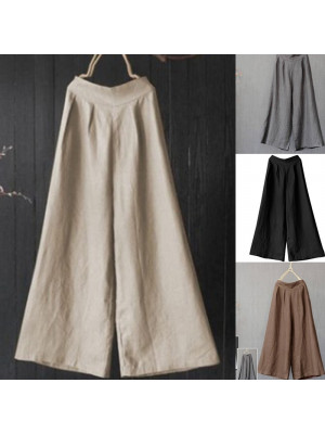 Summer Women Cotton Linen Plain Pants Ladies Casual Loose Elastic Waist Trousers