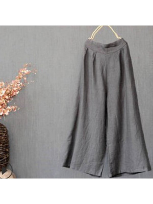 Summer Women Cotton Linen Plain Pants Ladies Casual Loose Elastic Waist Trousers