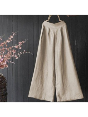 Summer Women Cotton Linen Plain Pants Ladies Casual Loose Elastic Waist Trousers