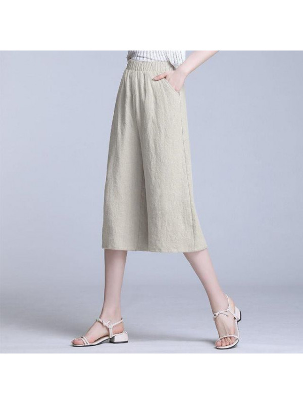 Womens Cotton Linen Pocket 3/4 Trousers Summer Ladies Casual Holiday Beach Pants