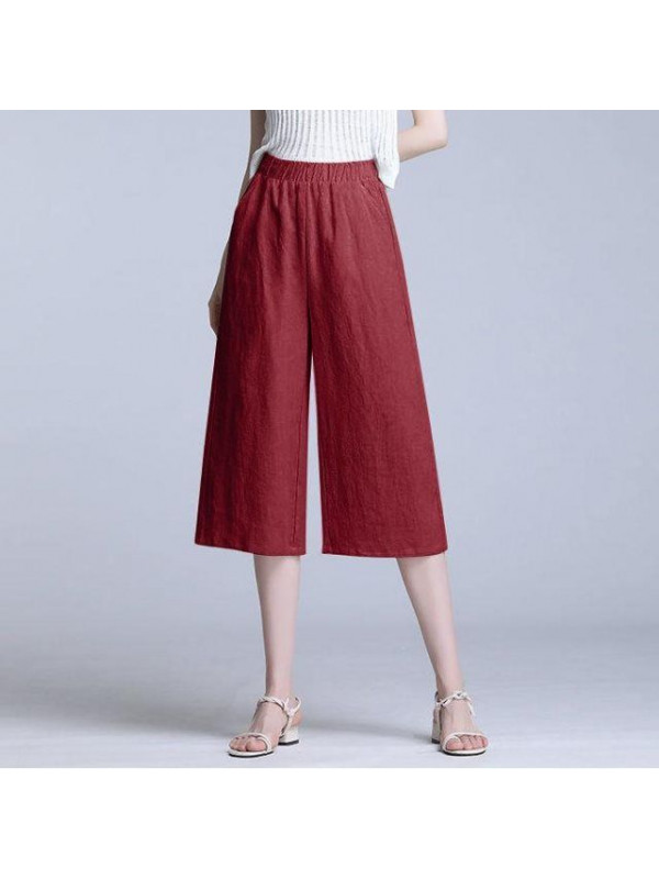 Womens Cotton Linen Pocket 3/4 Trousers Summer Ladies Casual Holiday Beach Pants