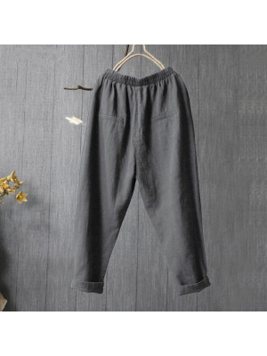 Women Summer Ladies Cotton Linen Baggy Casual Pants Elastic Waist Harem Trousers