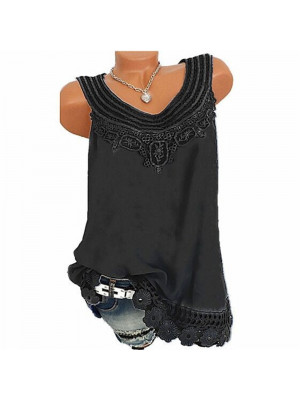 Ladies Lace Floral Casual Tops Women Sleeveless Solid Blouse Shirt Crew Neck Tee