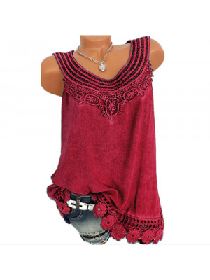 Ladies Lace Floral Casual Tops Women Sleeveless Solid Blouse Shirt Crew Neck Tee