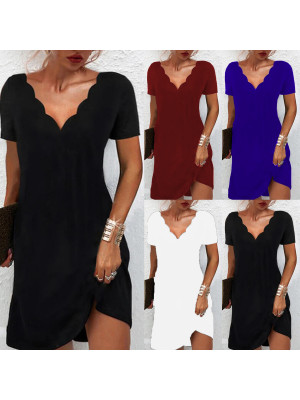 Ladies Short Sleeve Casual Baggy Dress Women V Neck Soild Summer Midi Sundress