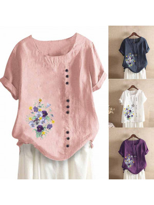 Ladies Floral Short Sleeve Tops Womens Cotton Linen Baggy Crew Neck Pullover Tee