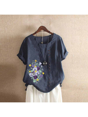 Ladies Floral Short Sleeve Tops Womens Cotton Linen Baggy Crew Neck Pullover Tee