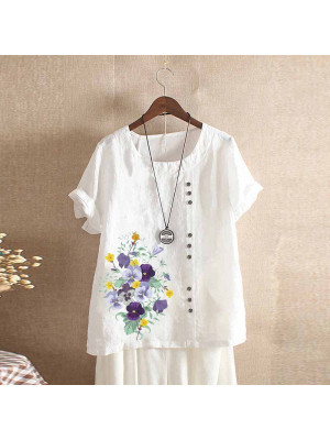 Ladies Floral Short Sleeve Tops Womens Cotton Linen Baggy Crew Neck Pullover Tee