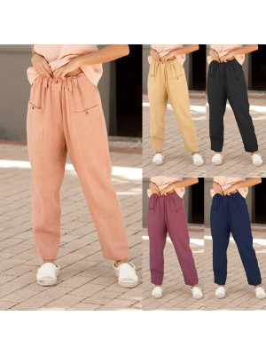 Plus Size Ladies Solid Cotton Linen Pants Women Elastic Waist Button Trousers