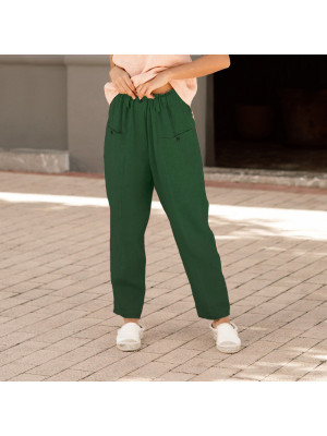 Plus Size Ladies Solid Cotton Linen Pants Women Elastic Waist Button Trousers