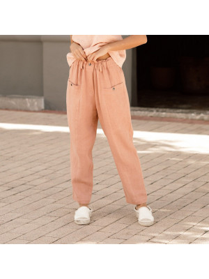 Plus Size Ladies Solid Cotton Linen Pants Women Elastic Waist Button Trousers