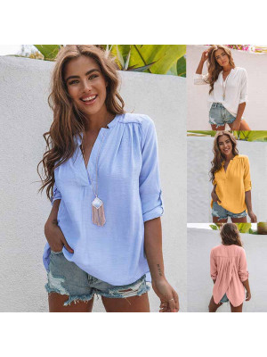 Plus Size Ladies Half Sleeve Tops Womens Solid V Neck Blouse Shirt Causal Tees