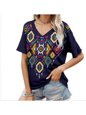 Ladies Short Sleeve Tops Womens Loose V Neck Boho Blouse T Shirts Pullover Tees