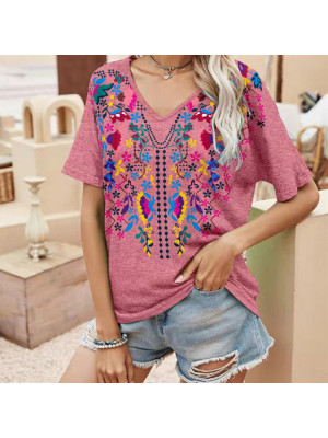 Ladies Short Sleeve Tops Womens Loose V Neck Boho Blouse T Shirts Pullover Tees