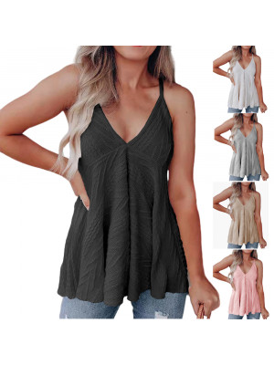 Ladies Sleeveless Strappy Tops Women Baggy Swing Vest V Neck Cami Solid Tees