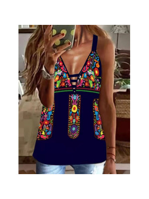 Plus Size Ladies Strappy Floral Loose Tops Womens Boho Sexy Tank Vest V Neck Tee