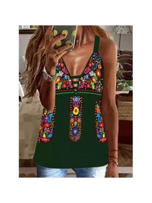 Plus Size Ladies Strappy Floral Loose Tops Womens Boho Sexy Tank Vest V Neck Tee