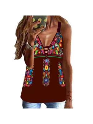 Plus Size Ladies Strappy Floral Loose Tops Womens Boho Sexy Tank Vest V Neck Tee