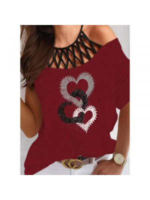 Ladies Halter Neck Casual Tops Women Floarl Baggy Cold Shoulder Pullover Tees