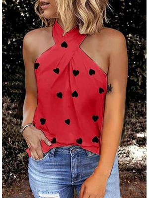 Ladies Heart Halter Neck Tops Women Sleeveless Pullover Tees Sexy Blouse Shirt