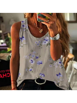 Ladies Casual Sleeveless Tops Women Crew Neck Floral Blouse Shirt Baggy Tees