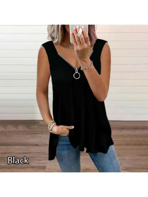 Laides Sleeveless Baggy Zip Tops Womens Summer Solid V Neck Pullover Casual Tees