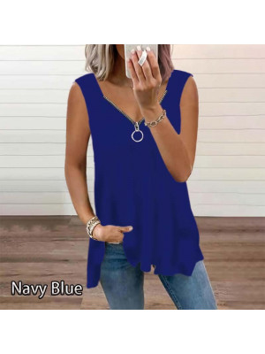 Laides Sleeveless Baggy Zip Tops Womens Summer Solid V Neck Pullover Casual Tees