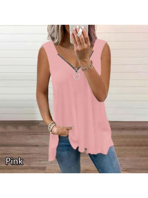 Laides Sleeveless Baggy Zip Tops Womens Summer Solid V Neck Pullover Casual Tees