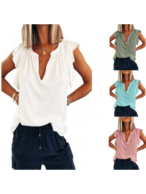 Plus Size Ladies Short Sleeve Tops Women Solid V Neck Blouse Shirt Casual Tees