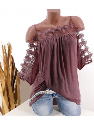 Ladies Half SLeeve Solid Sexy Blouse Shirt Women Lace Pullover Tops Summer Tees