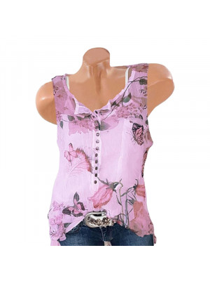 Ladies Sleeveless Floral Chiffon Button Tops Women Crew Neck Casual Blouse Shirt