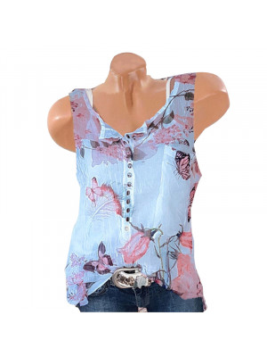 Ladies Sleeveless Floral Chiffon Button Tops Women Crew Neck Casual Blouse Shirt