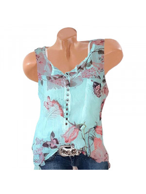 Ladies Sleeveless Floral Chiffon Button Tops Women Crew Neck Casual Blouse Shirt