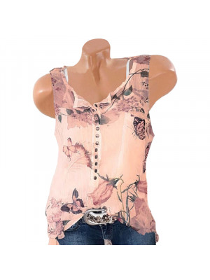 Ladies Sleeveless Floral Chiffon Button Tops Women Crew Neck Casual Blouse Shirt