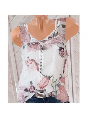 Ladies Sleeveless Floral Chiffon Button Tops Women Crew Neck Casual Blouse Shirt