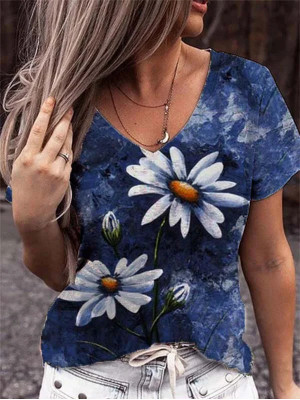 Ladies Short Sleeve Casual Tops Women V Neck Floral Summer Pullover Tee Shirt