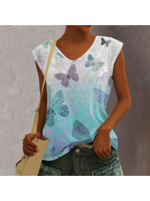 Ladies Floral Sleeveless Summer Tops Women Casual Blouse Shirt V Neck Summer Tee