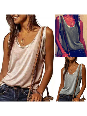 Ladies Sleeveless Solid Tops Women Casual Baggy Tank Summer Vest Crew Neck Cami